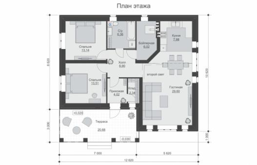 Одноэтажный дом с террасой, 3 спальнями и отделкой облицовочным кирпичом